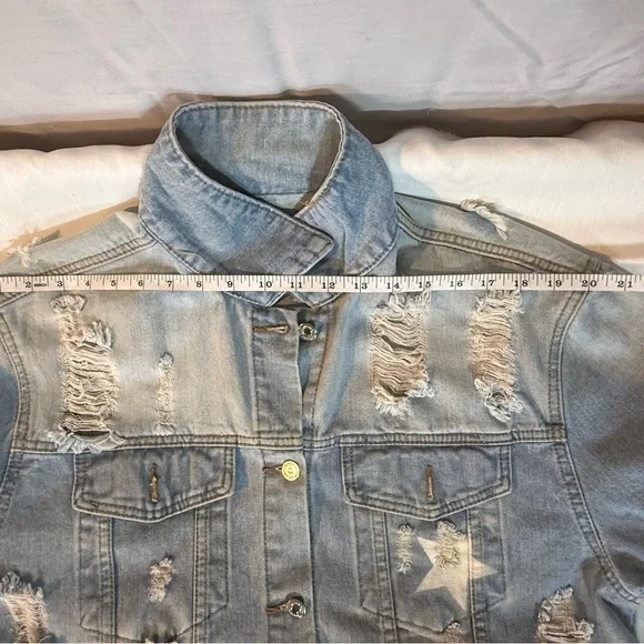Distressed Denim Jacket Graphic Quote Stars Oversized Light Wash S - Picture 5 of 8